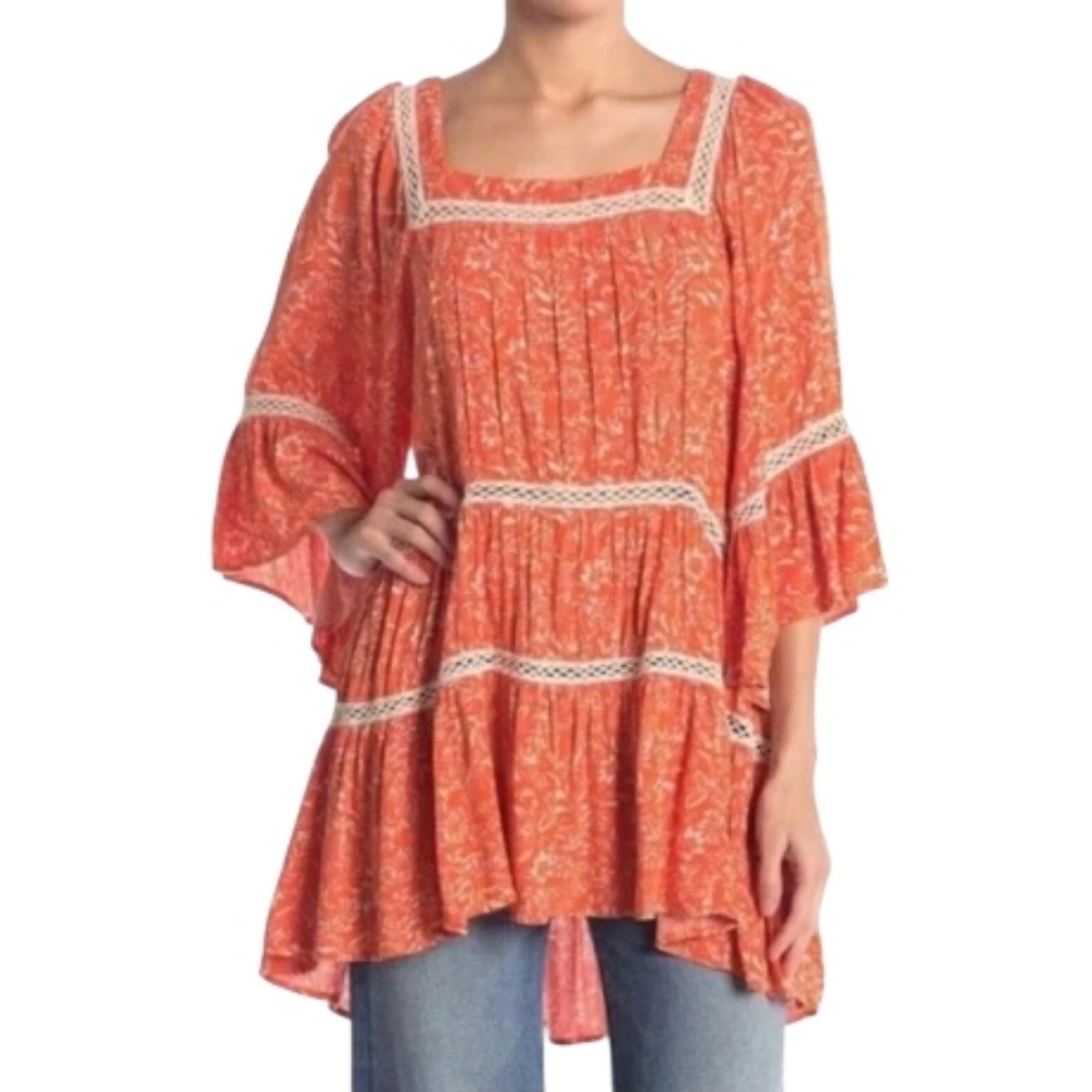 Free People‎ Orange And White Boho Tunic Size XS